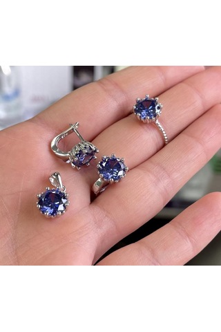 Silver Point Lacivert Taşlı Üçlü Set Gümüş