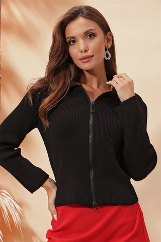 Aqe Fashion Çift Açılır Fermuarlı Polo Yaka Hırka Siyah