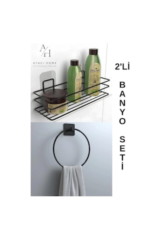 Atacı Yapışkanlı 2li Banyo Düzenleyici Banyo Aksesuarı Banyo Rafı Yapışkanlı Siyah Yuvarlak Havluluk Siyah