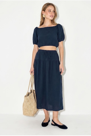 Shade Kadın Balon Kollu Crop Bluz Bağlama Detaylı Pamuklu Müslin Etek Takım Yc2728 60286287 - Lacivert
