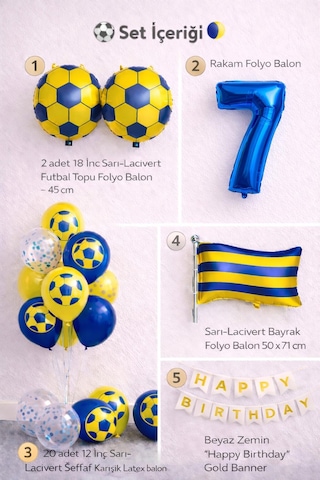 Sarı Lacivert Futbol Temalı 7 Yaş Doğum Günü Balon Seti Sarı Lacivert