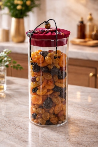 Makri Home 1000 Ml Borosilikat Cam Hava Geçirmez Kırmızı Kumaş Kaplama Bambu Kapaklı Kavanoz,çap:8 Cm, H:25 Cm Kırmızı