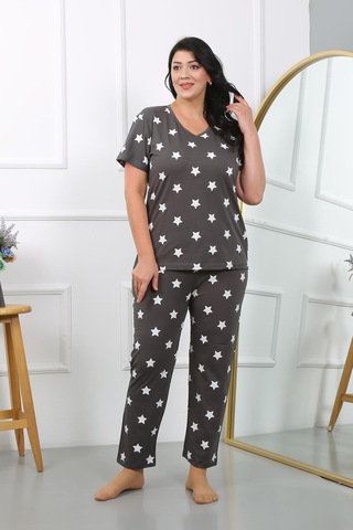 Akbeniz Kadın Büyük Beden Kısa Kol Penye Pijama Takımı Füme 202407-füme Füme