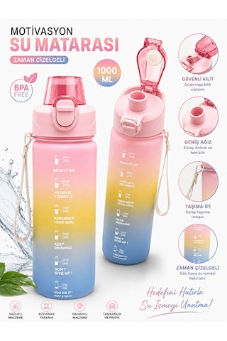 Motivasyon Su Matarası 1100 Ml Zaman Çizelgeli Sızdırmaz Kilitli Taşıma İpli Spor Matara pembe