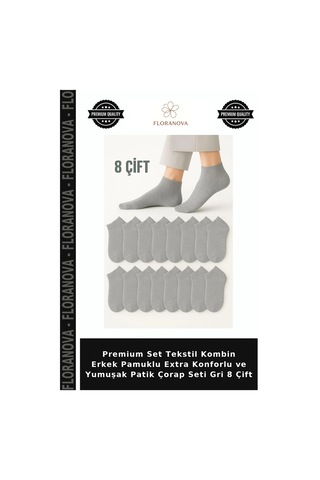 Floranova Premium Set Tekstil Kombin Erkek Pamuklu Extra Konforlu Ve Yumuşak Patik Çorap Seti Gri 8 Çift