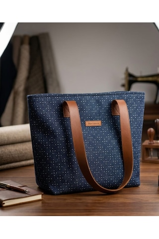 Kadın El Yapımı Nokta Desenli Denim Omuz Çantası Kot Lacivert