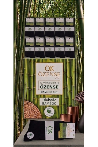 Özense 12 ÇİFT Dikişsiz Bambu Soket Baklava Desenli Siyah Renkli Uzun Erkek Çorabı 40 - 45