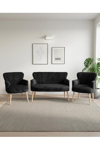 Tr Roma Çay Seti Balkon Koltuk Takımı Welsoft Yumuşak Kumaş Naturel Ayaklı 2+1+1 Takım - Antrasit