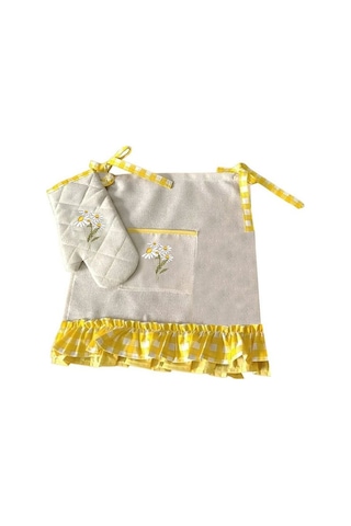 Sarı Pötikare Papatya Nakışlı, Fırfırlı, Buldan Keten Fırın Önlüğ