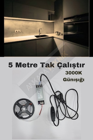 Mutfak Dolabı Gün Işığı Şerit Led 12V Adaptör Aç Kapa 5 M