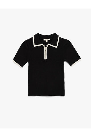 Koton Regular Fit Kısa Kollu Polo Yaka Yarım Fermuarlı Triko Kazak Siyah 6wak90200ht Siyah