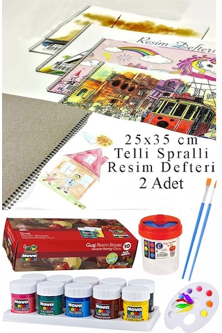 10 Renk Guaj Boya Nova Color 25x35 Cm Telli Spralli Resim Defteri Palet Resim Fırçası 15 Yaprak Guajboya Resim Defteri Çok Renkli