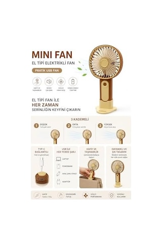 Mini El Fanı Usb Şarjlı Type-c Bağlantılı 3 Kademeli Taşınabilir Elektrikli Fan Masaüstü Ve El Tipi Kullanım Kahverengi Renk Serinletici Fan . 40255214