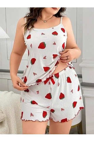 Atyticaret Büyük Beden Çilek Desen Pamuklu Şortlu Pijama Takımı Beyaz