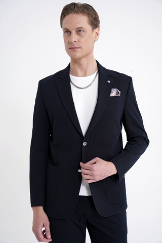 Comfort Fit Çift Yırtmaç Torba Cep Metal Düğmeli Lacivert Blazer Ceket C 734