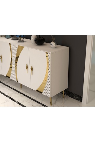 Handle Konsol Tv Sehpası Çok Amaçlı Dolap 150 Cm Beyaz Altın