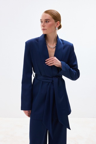 Sateen Kuşaklı Saten Ceket - Lacivert-137009 Lacivert