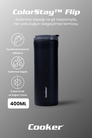 Cooker 400 Ml Paslanmaz Çelik Mug Kahve Çay Termosu Ckr2041 Siyah - 6 Saat Sıcak Soğuk - Kamp, Outdoor, Piknik, Ofis, Otel, Kafe, Okul, Seyahat Siyah