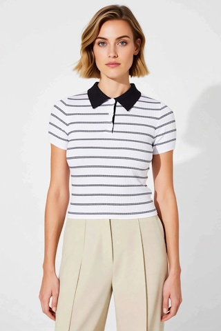 Benerly Kadın Bluz Polo Yaka Kısa Kol Triko İnce Fitilli Desenli Fitted K siyah