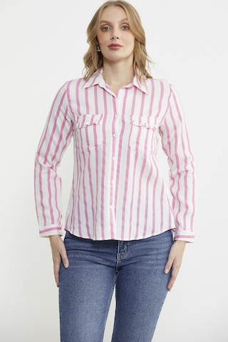Cep Detaylı Çizgili Gömlek - Fuşya Fuşya