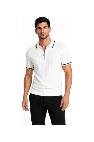 DefyModa Erkek Fitilli Triko T-shirt Polo Yaka Yarım Fermuarlı Kısa Kollu Tişört - Beyaz