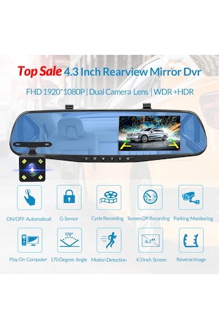 E-aec Dashcam Araba Dvr 4.3 Inç Ayna Fhd 1080p Kamera Çift Lens Dvr Dikiz A08 None