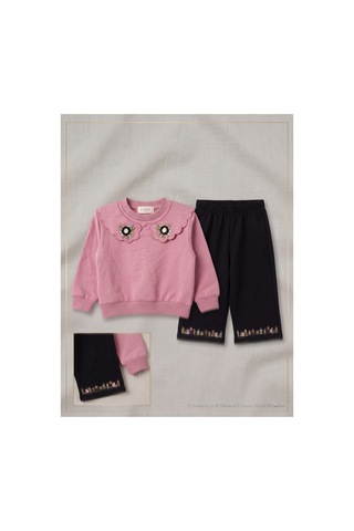 Deniva Kids Kız Çocuk Pembe Çiçek Nakışlı Yakalı Sweatshirt Ve Siyah Pantolon Takım