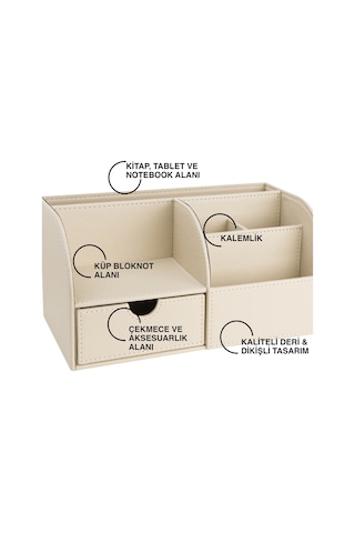 Masaüstü Düzenleyici,kalemlik,kumandalık,küpbloknotluk,tabletlik,kitaplık,6 Gözlü,çekmeceli,desktop Organizer,vegan,24,5 13 12 Bej