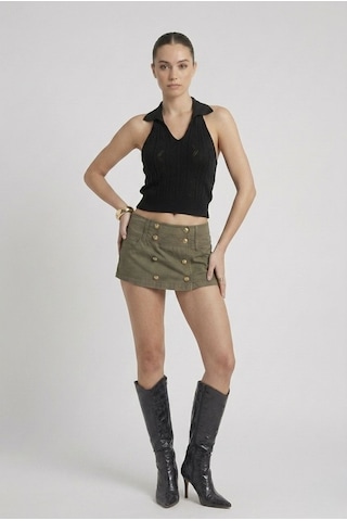 Neden Tekstil Kadın Polo Yaka Sırt Dekolteli Crop Bluz - Siyah
