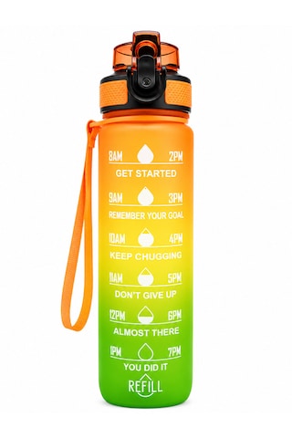 900 Ml Motivasyon Matarası Sızdırmaz, Kilitli, Silikon Uçlu, Taşıma Askılı, Geniş Ağızlı Su Matarası Turuncu