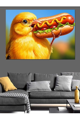 Ahşap Tablo Hot Dog Yiyen Sarı Civciv Figürü