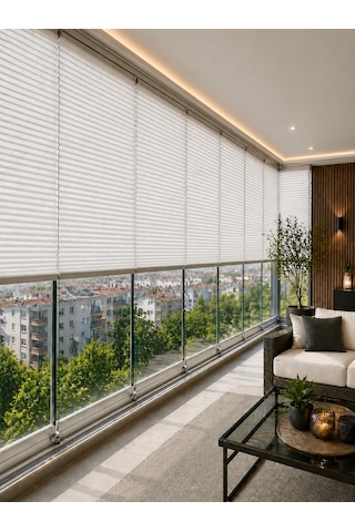 Plise Perde Beyaz Kumaş + Beyaz Profil Kasa Cam Balkon Perdesi