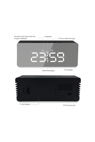 Youtek Masaüstü Dijital Alarm Saati Siyah Kasa Beyaz Yazı - Usb Şarjlı, Ayna Yüzeyli, Abs Malzeme Siyah