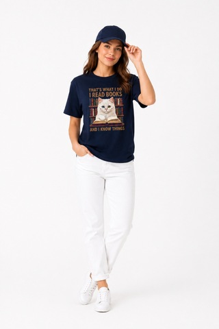 Bayloranzzo The Reader Cat %100 Pamuk Heavy Cotton Premium Kalite Kadın Tişört Lacivert