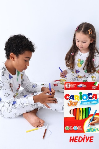 Zuzunga En Sevimli Figürler Özel Kalemi İle Boyanabilir Çocuk Pijama Takımı 12'li Kalem Seti Hediye Beyaz1 Beyaz