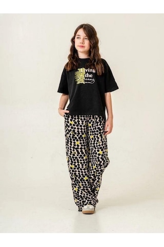 Kız Çocuk Pamuklu Desenli Pantolonlu Takım-15883 Siyah