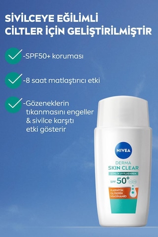 Spf50 Derma Skin Clear Sivilce Karşıtı Yüz Kremi 40 Ml, Matlaştırıcı, Karnitin, Gliserin,niasinamid