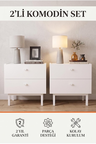 Robin Home 2'li Komodin Set 2 Çekmeceli Ahşap Ayaklı Beyaz