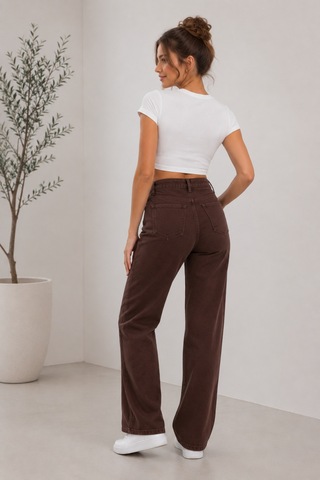 Woddi Nova Kadın Yüksek Bel Kaahverengi Salaş Jeans Wide Leg Geniş Paça Palazzo Kot Pantolon Kahverengi