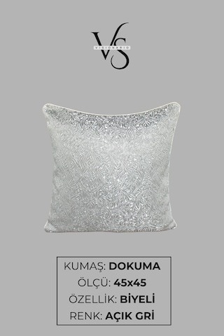 Kırlent Kılıfı Desenli Jakarlı Dokuma Kumaş 45x45 Çift Taraflı Biyeli Açık Gri