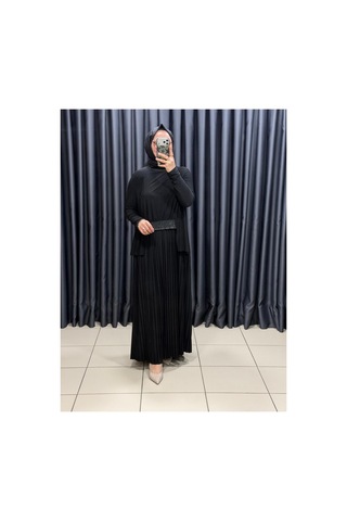 Nurcan Çetin Kadın Beli Taş Detaylı Pileli Tesettür Elbise Siyah - 930788574 Siyah