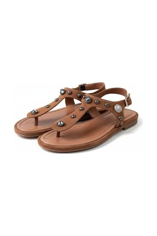Ne&ve Shoes Taba Süet Hakiki Deri Taş Ve Trok Detaylı Parmak Arası Arkadan Tokalı Sandalet