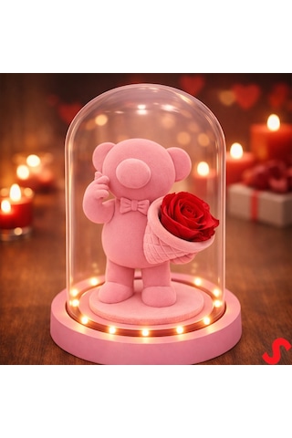 Solmayan Güllü Ayıcıklı Led Işıklı Cam Fanus - Pembe