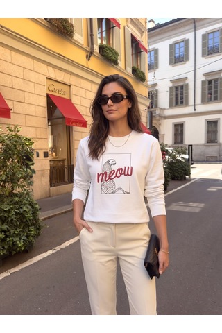 Onloox Kadın Beyaz Beyaz Pamuklu Kumaş Bisiklet Yaka Uzun Kollu Leopar Baskılı Detaylı Sweatshirt T-shirt