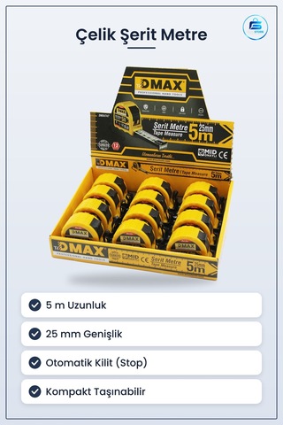 Çelik Şerit Metre 5 M X 25 Mm Otomatik Kilitli Stoplu Hırdavat İn