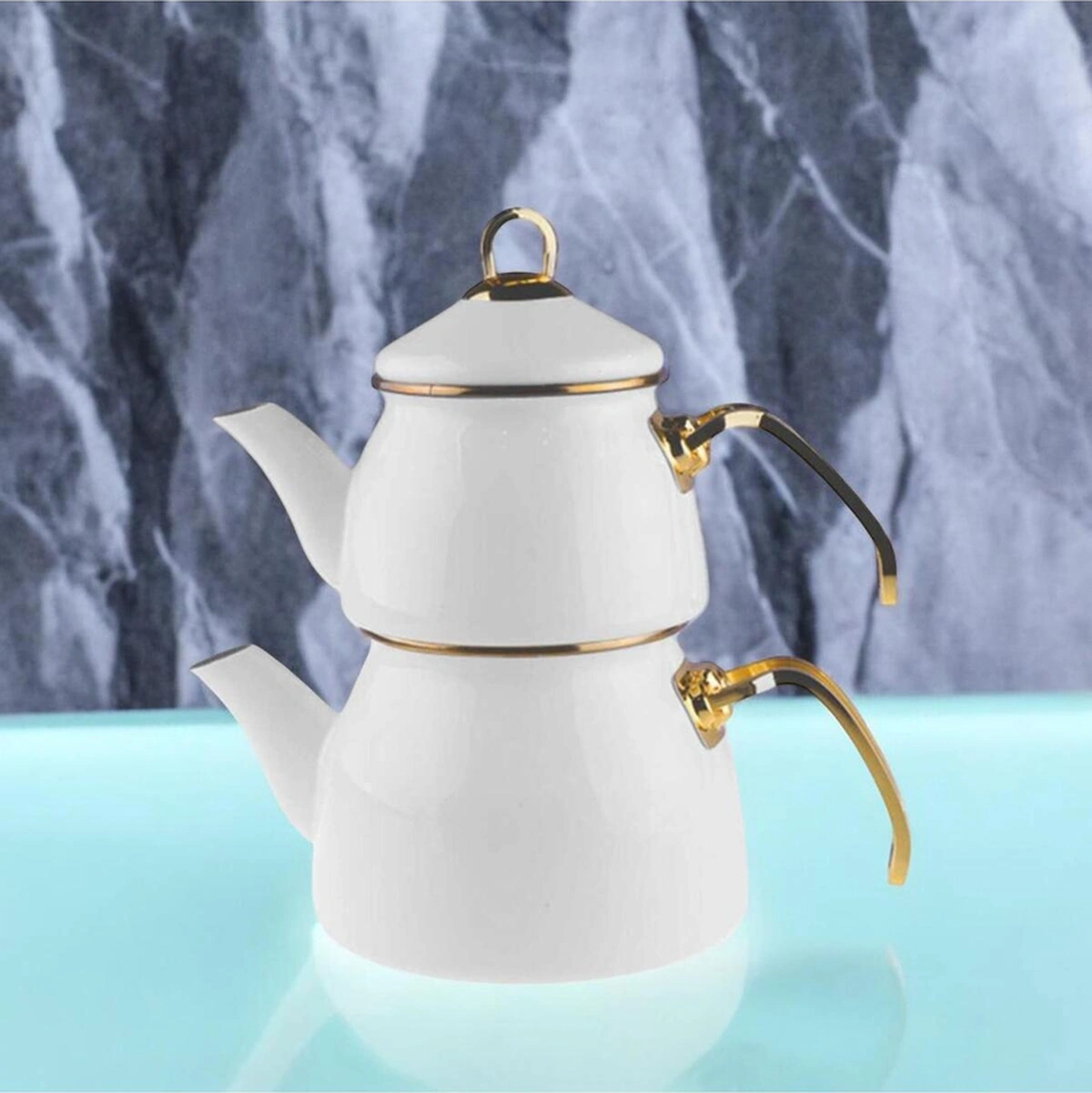 Taşev Robin Emaye Çaydanlık Takımı Karamel Ekru