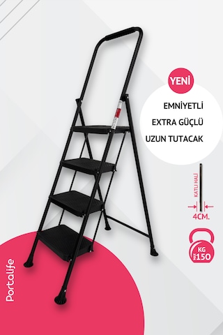 Portalife 4 Basamaklı Konfor Tutacaklı Çelik Şık Merdiven - Siyah 200 Cm'ye Kadar