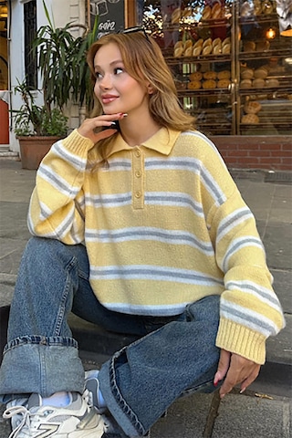 Sarı Polo Yaka Çizgili Kadın Triko Kazak Mg2469 Sarı