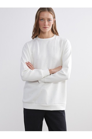 Lcw Comfort Beyaz Bisiklet Yaka Taşlı Kadın Sweatshirt