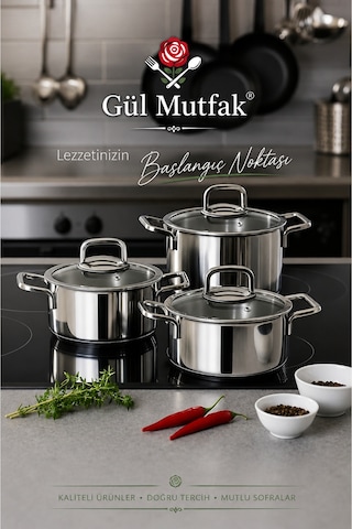 6 Parça Tencere Seti Cam Kapak Paslanmaz Çelik 16-18-20 Cm Gümüş